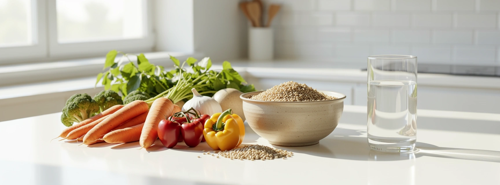 Fresh whole foods on a bright kitchen counter